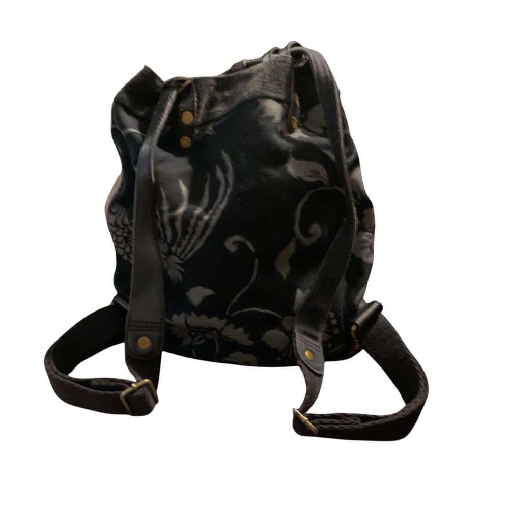 VTG Lucky Brand Leather Canvas Backpack Bag Floral Black Red Y2K Boho Drawstring - Picture 5 of 16